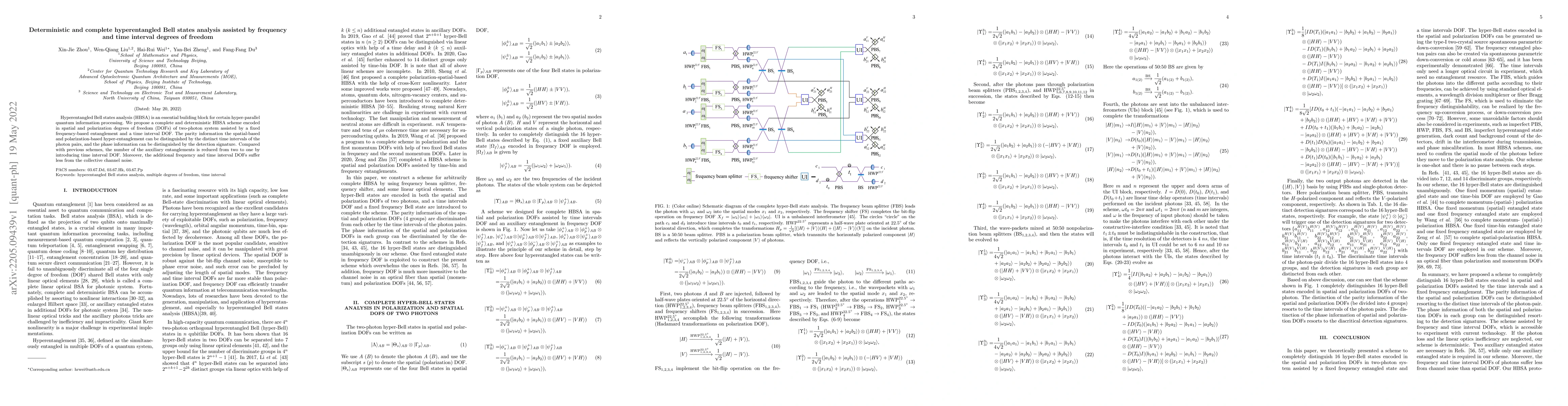 Thumbnail for Deterministic and complete hyperentangled Bell states analysis assisted
  by frequency and time interval degrees of freedom