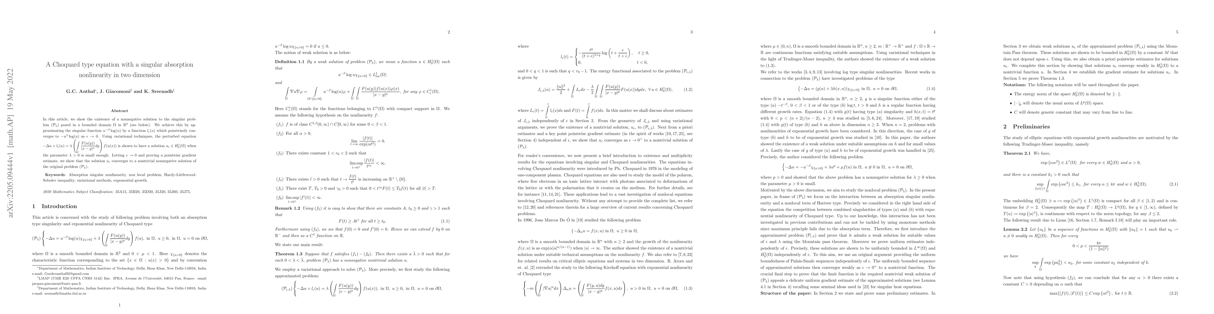 Thumbnail for A Choquard type equation with a singular absorption nonlinearity in two
  dimension