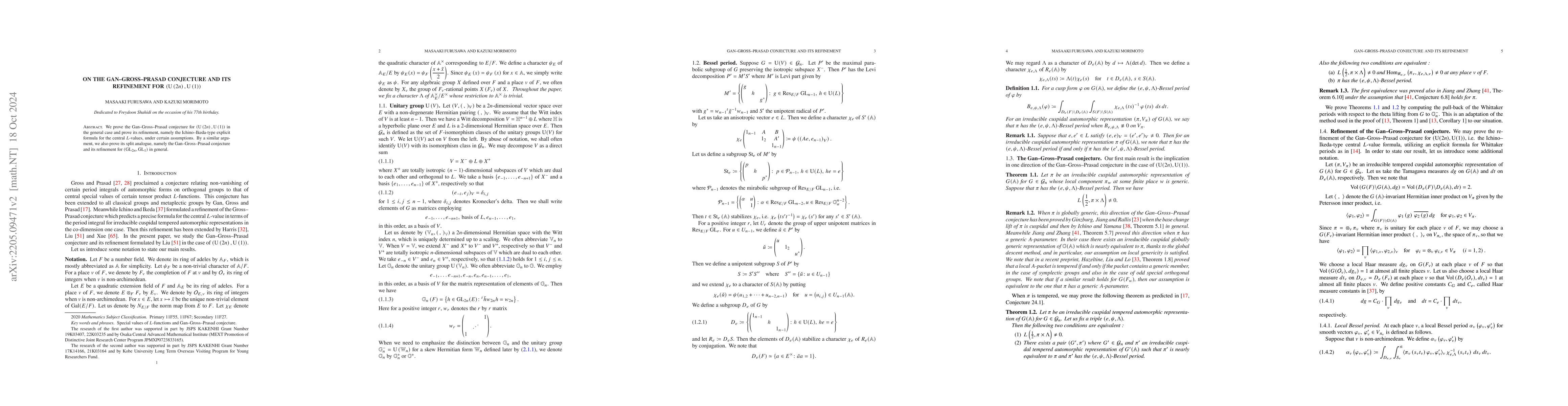 Thumbnail for On the Gan-Gross-Prasad conjecture and its refinement for
  $\left(\mathrm{U}\left(2n\right),\mathrm{U}\left(1\right)\right)$