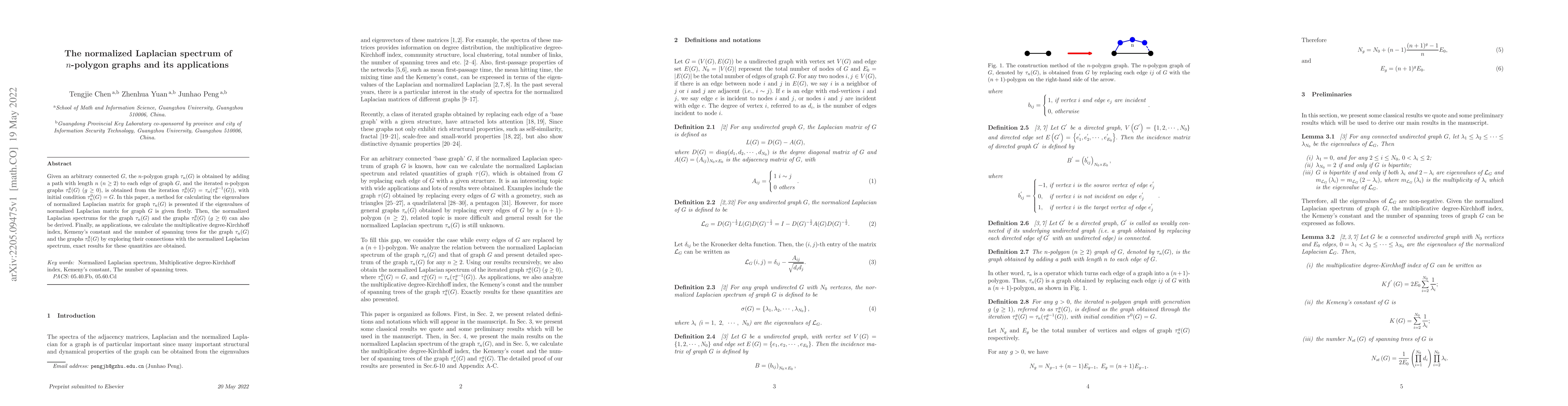 Thumbnail for The normalized Laplacian spectrum of $n$-polygon graphs and its
  applications