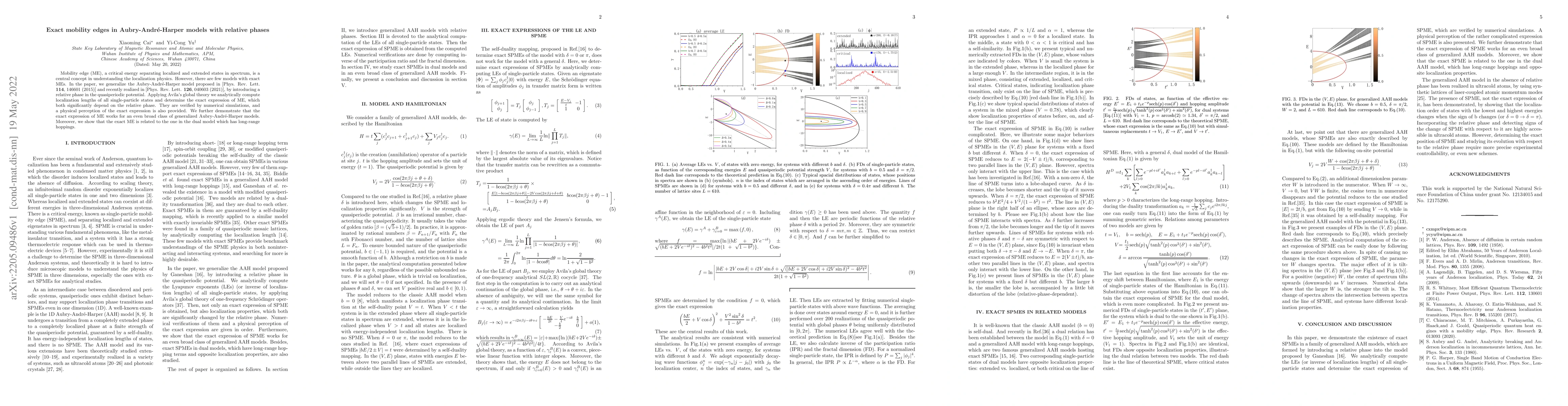 Thumbnail for Exact mobility edges in Aubry-Andr\'{e}-Harper models with relative
  phases
