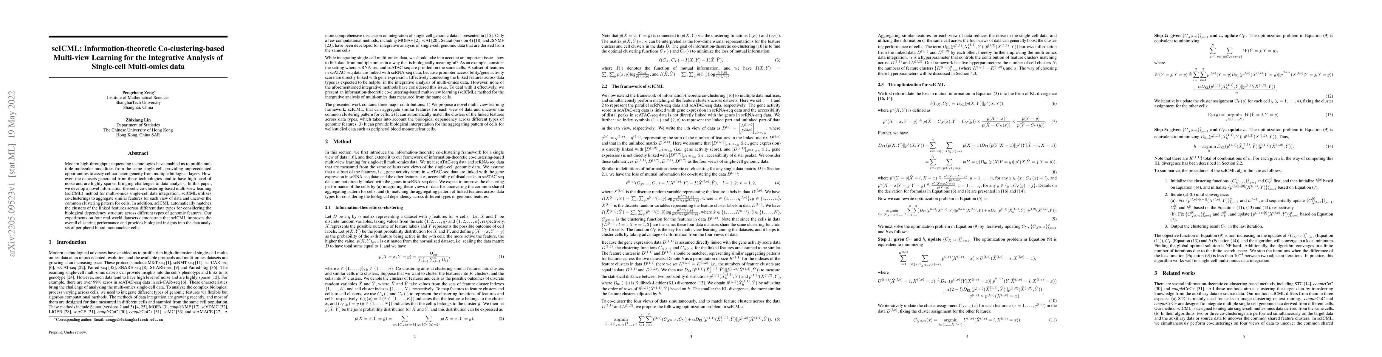 Thumbnail for scICML: Information-theoretic Co-clustering-based Multi-view Learning
  for the Integrative Analysis of Single-cell Multi-omics data