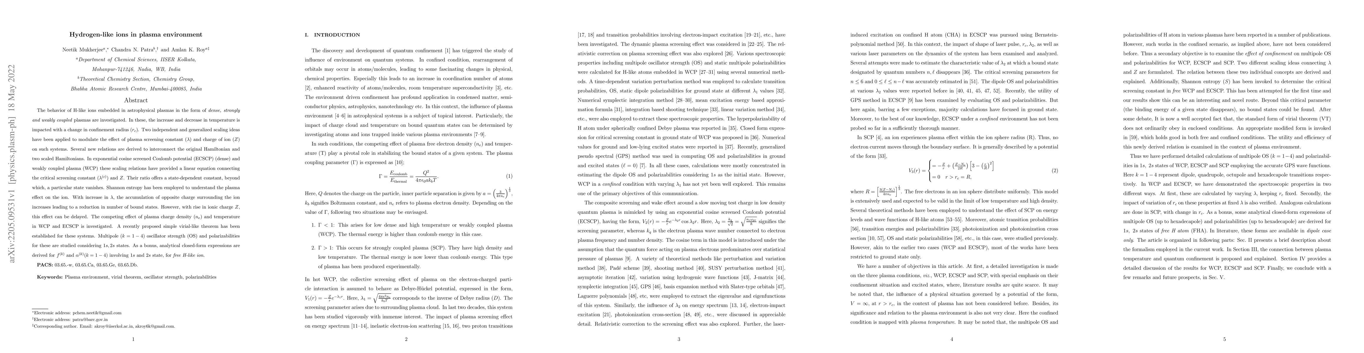 Thumbnail for Hydrogen-like ions in plasma environment