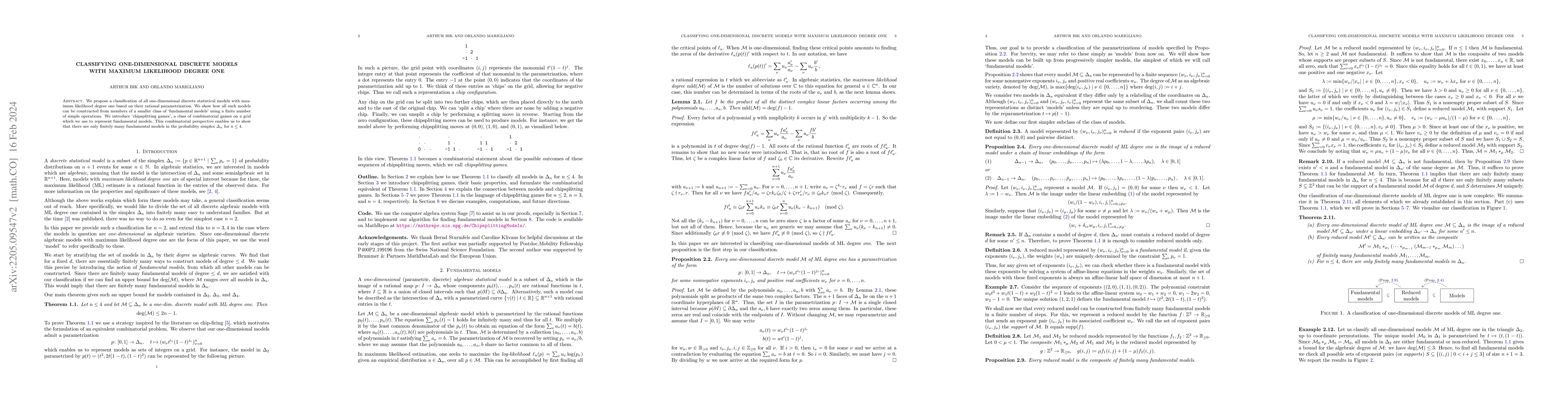 Thumbnail for Classifying one-dimensional discrete models with maximum likelihood
  degree one