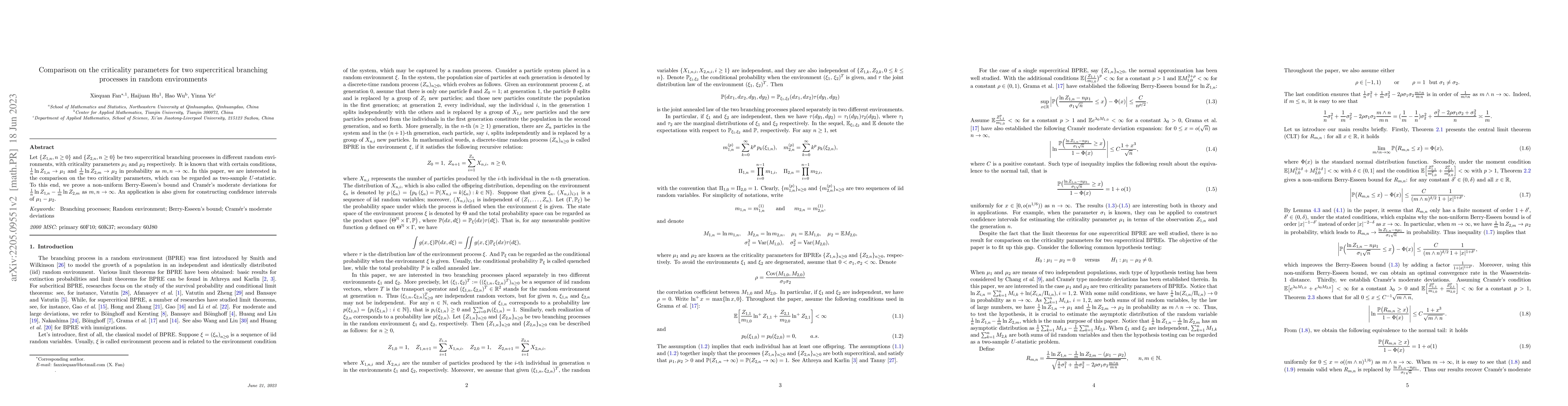 Thumbnail for Comparison on the criticality parameters for two supercritical branching
  processes in random environments