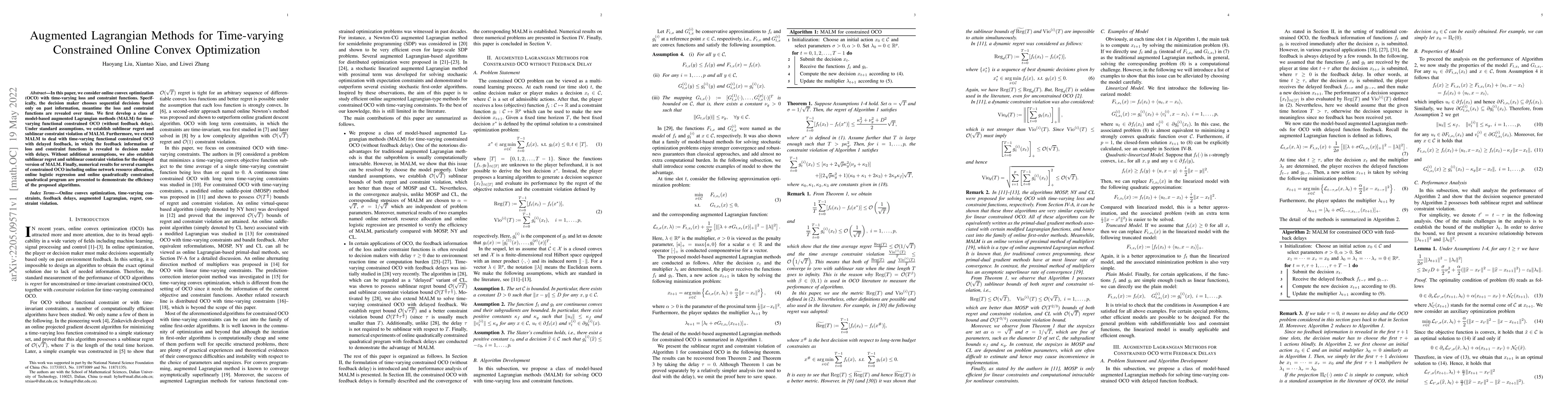 Thumbnail for Augmented Lagrangian Methods for Time-varying Constrained Online Convex
  Optimization