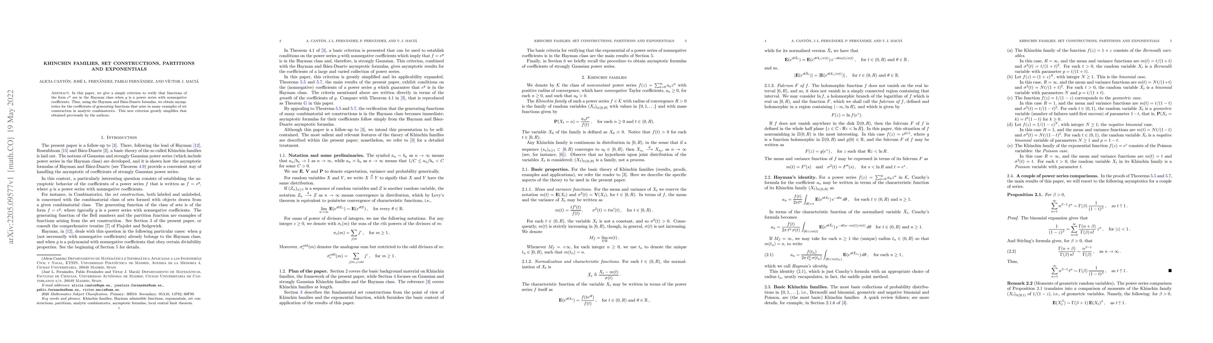 Thumbnail for Khinchin families, set constructions, partitions and exponentials