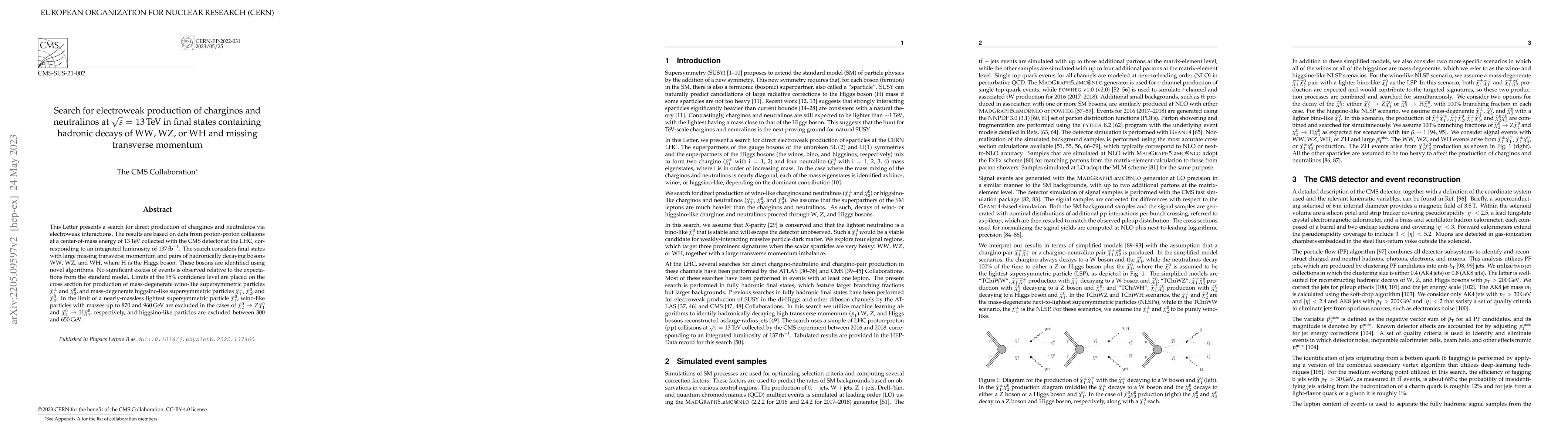 Thumbnail for Search for electroweak production of charginos and neutralinos at
  $\sqrt{s}$ = 13 TeV in final states containing hadronic decays of WW, WZ, or
  WH and missing transverse momentum