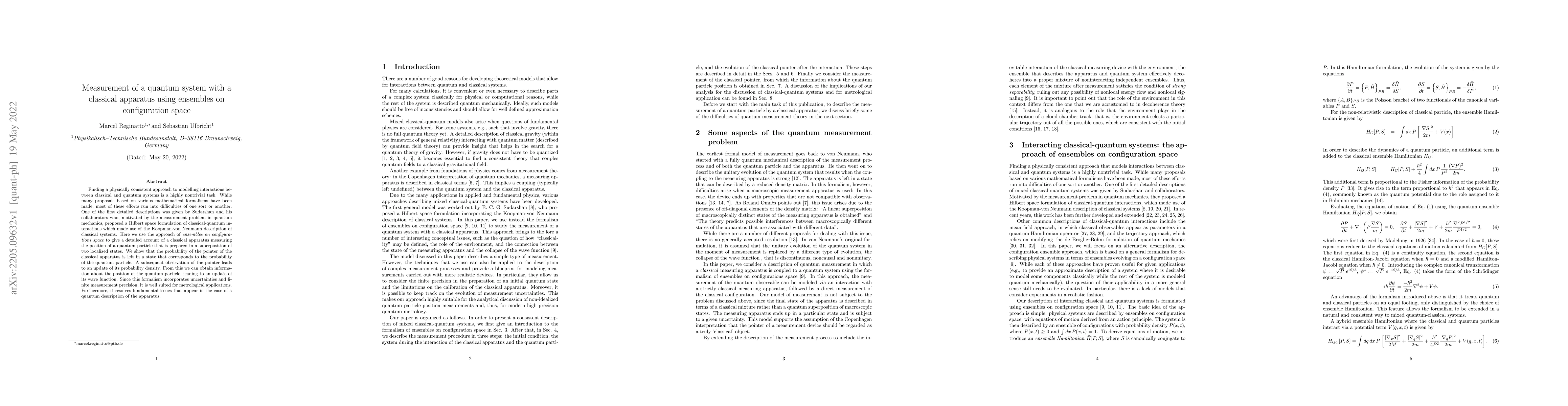 Thumbnail for Measurement of a quantum system with a classical apparatus using
  ensembles on configuration space