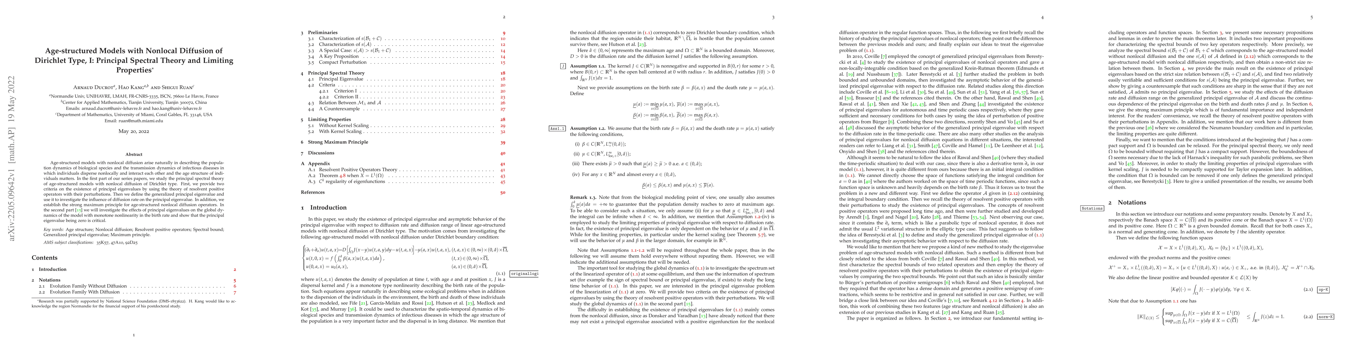 Thumbnail for Age-structured Models with Nonlocal Diffusion of Dirichlet Type, I:
  Principal Spectral Theory and Limiting Properties