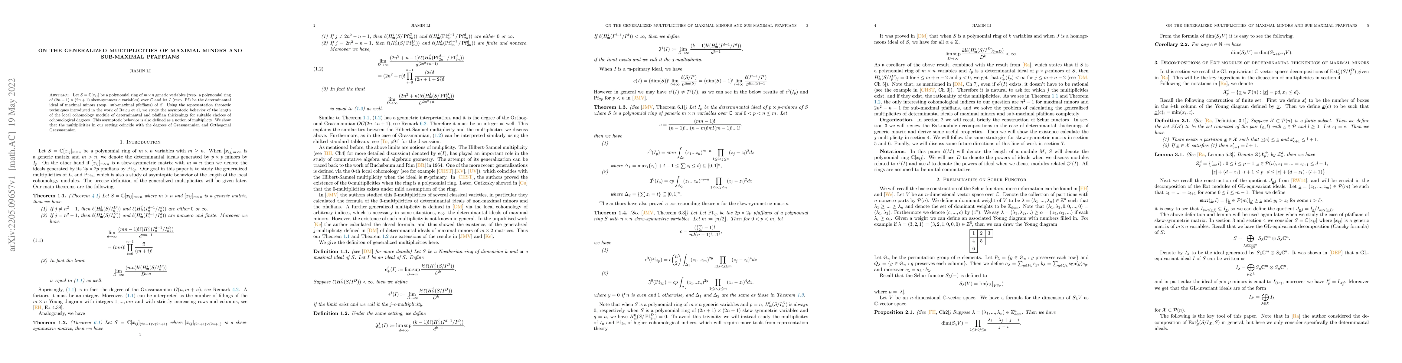 Thumbnail for On the generalized multiplicities of maximal minors and sub-maximal
  pfaffians
