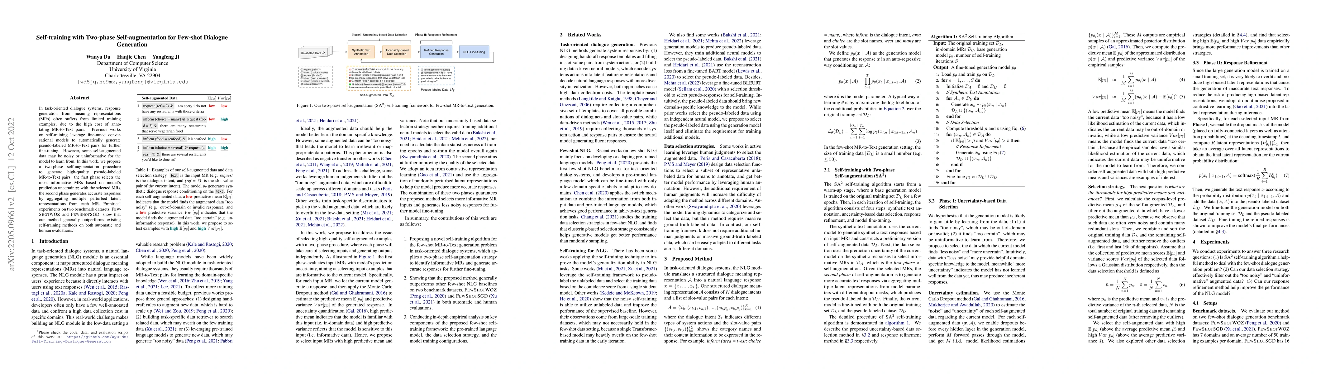 Thumbnail for Self-training with Two-phase Self-augmentation for Few-shot Dialogue
  Generation