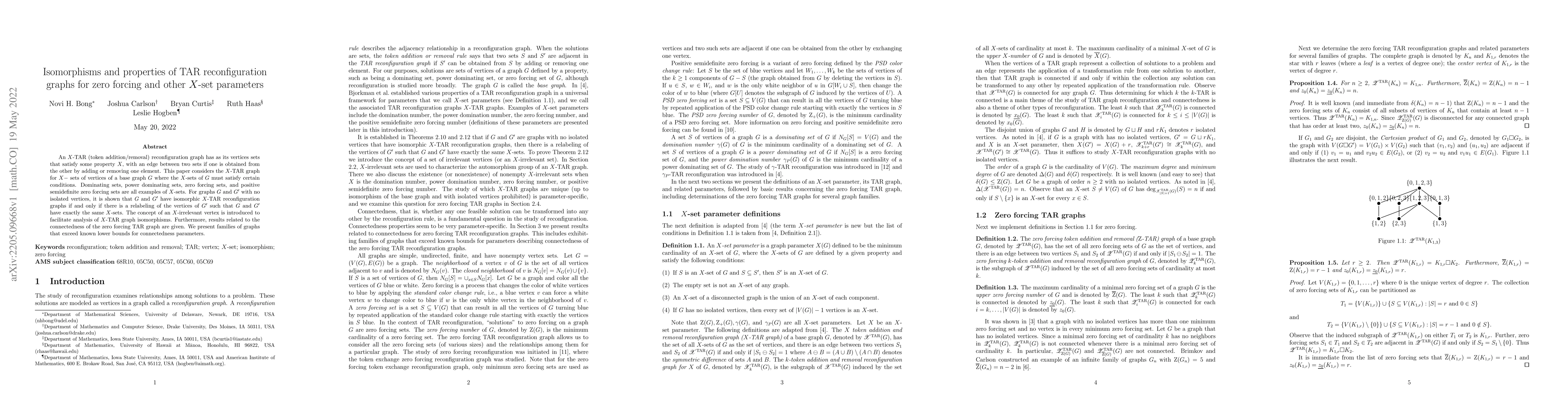 Thumbnail for Isomorphisms and properties of TAR reconfiguration graphs for zero
  forcing and other $X$-set parameters