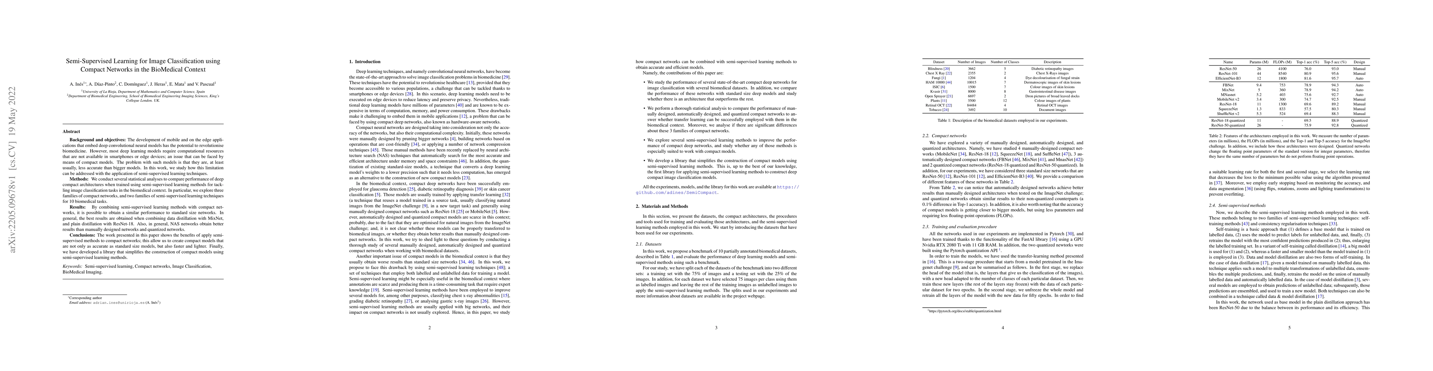 Thumbnail for Semi-Supervised Learning for Image Classification using Compact Networks
  in the BioMedical Context