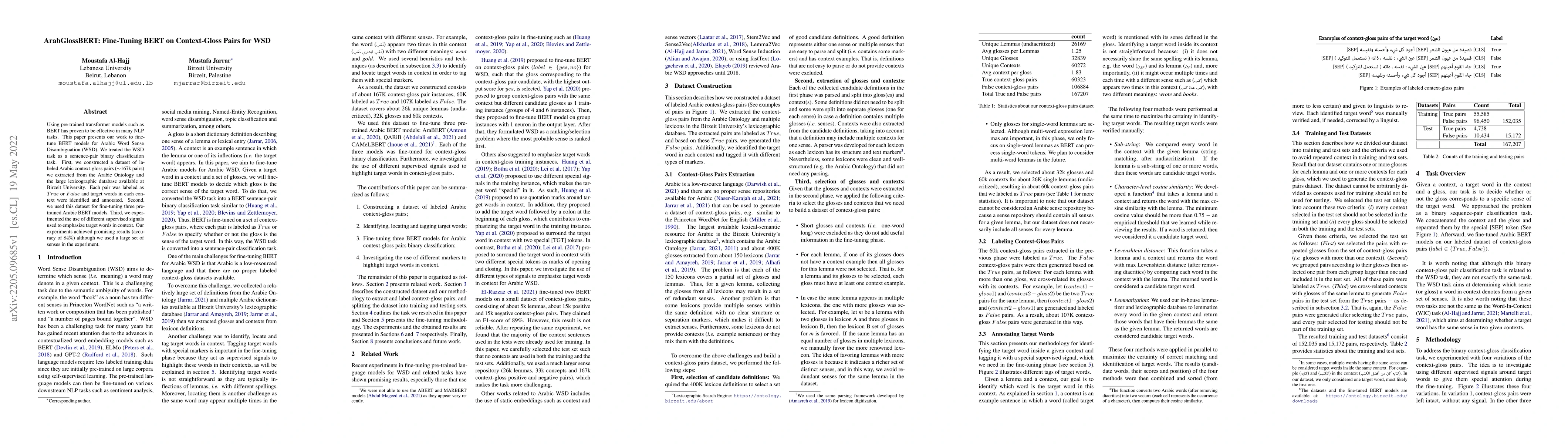 Thumbnail for ArabGlossBERT: Fine-Tuning BERT on Context-Gloss Pairs for WSD