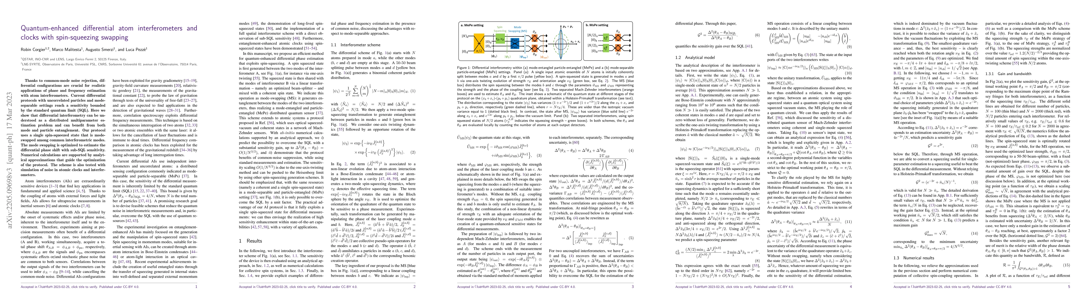 Thumbnail for Quantum-enhanced differential atom interferometers and clocks with
  spin-squeezing swapping