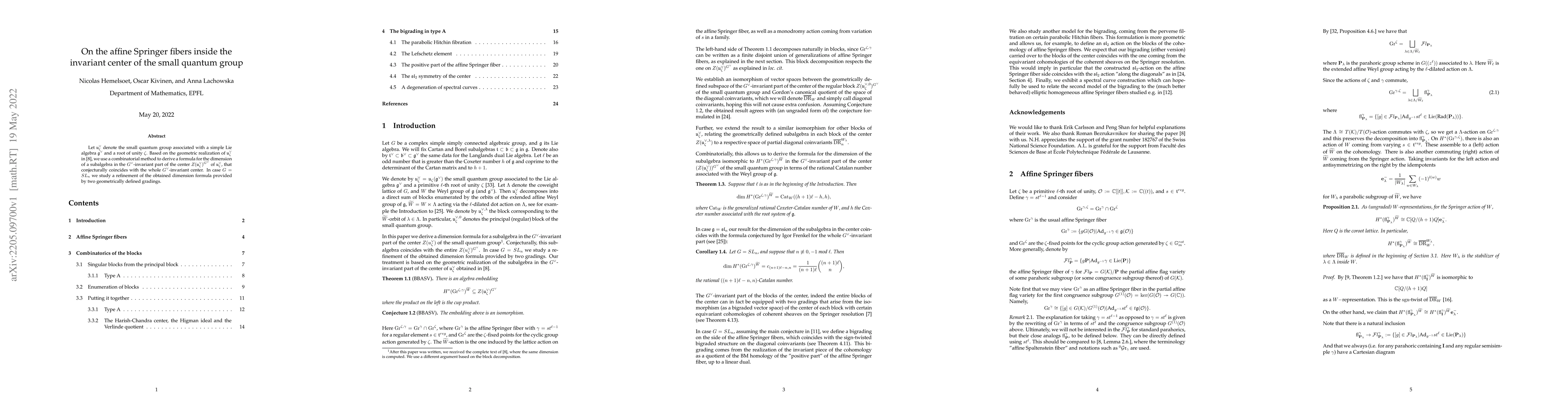 Thumbnail for On the affine Springer fibers inside the invariant center of the small
  quantum group