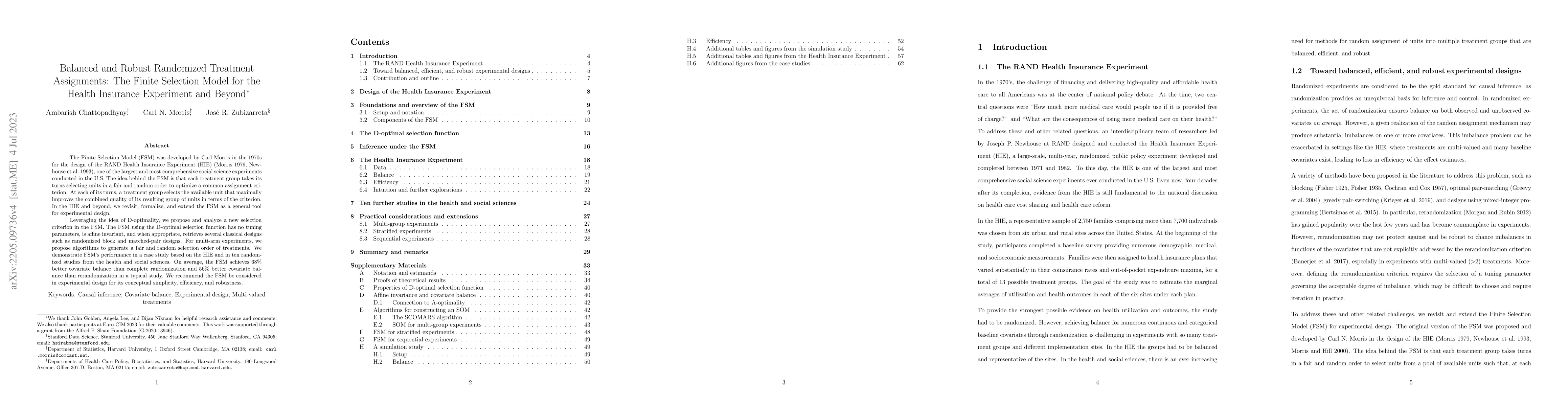 Thumbnail for Balanced and Robust Randomized Treatment Assignments: The Finite
  Selection Model for the Health Insurance Experiment and Beyond
