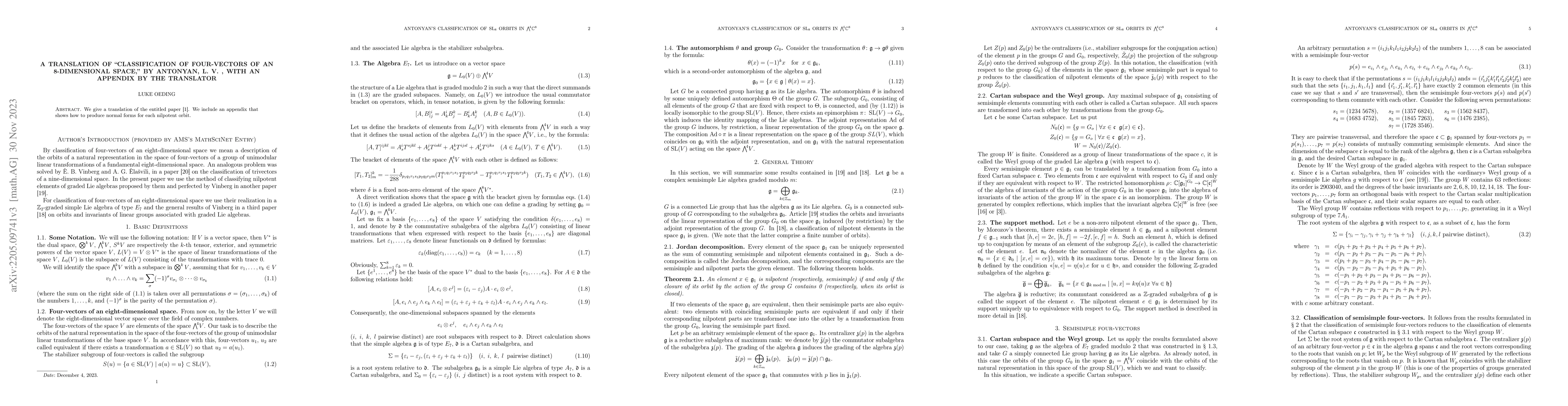 Thumbnail for A Translation of "Classification of four-vectors of an 8-dimensional
  space," by Antonyan, L. V. , with an appendix by the translator