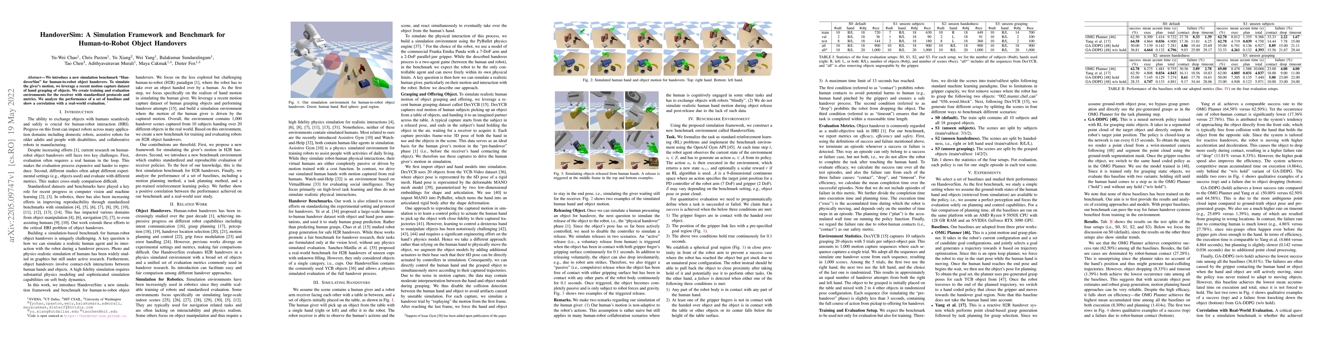 Thumbnail for HandoverSim: A Simulation Framework and Benchmark for Human-to-Robot
  Object Handovers