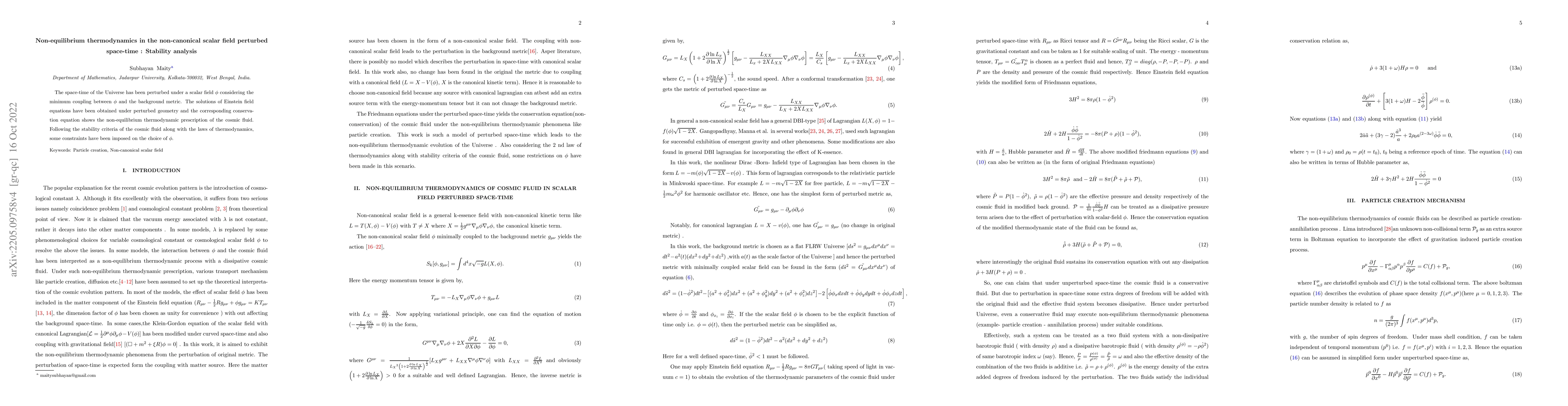 Thumbnail for Non-equilibrium thermodynamics in the non-canonical scalar field
  perturbed space-time : Stability analysis