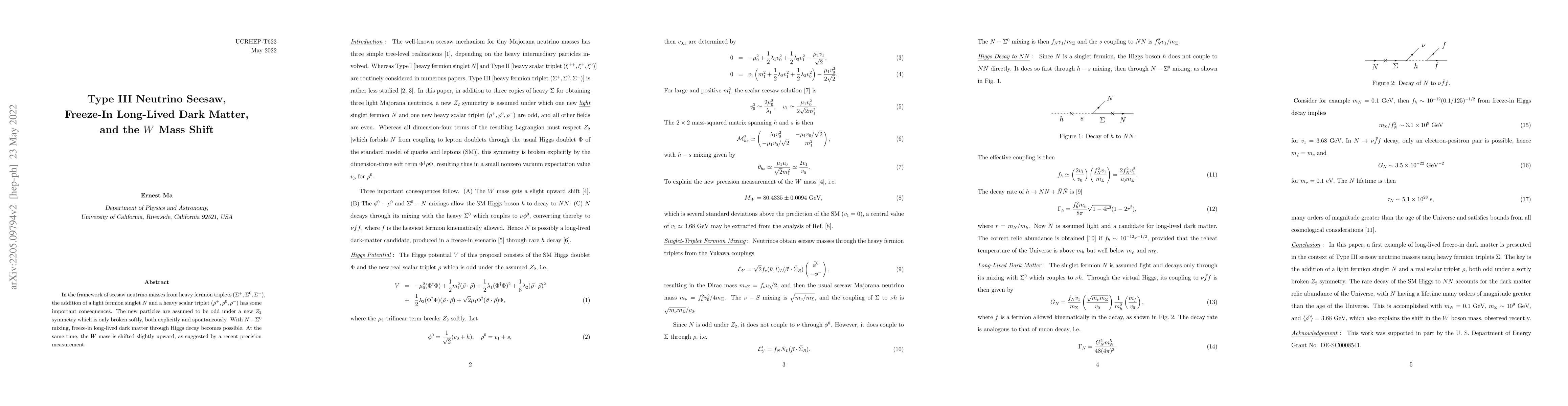 Thumbnail for Type III Neutrino Seesaw, Freeze-In Long-Lived Dark Matter, and the $W$
  Mass Shift