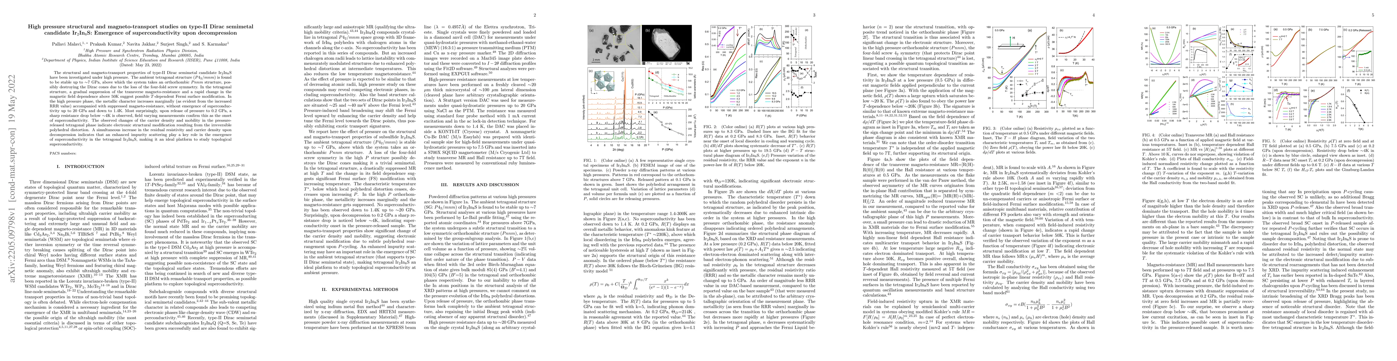 Thumbnail for High pressure structural and magneto-transport studies on type-II Dirac
  semimetal candidate Ir2In8S: Emergence of superconductivity upon
  decompression