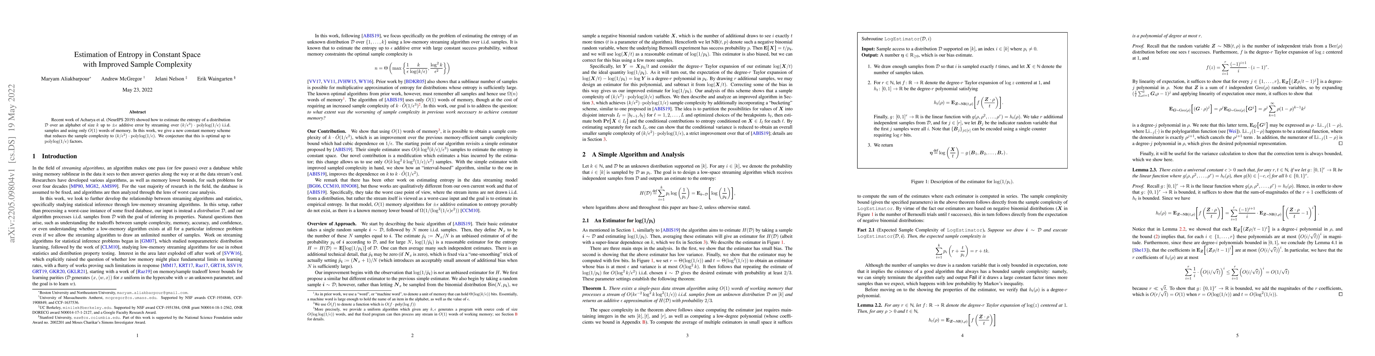 Thumbnail for Estimation of Entropy in Constant Space with Improved Sample Complexity