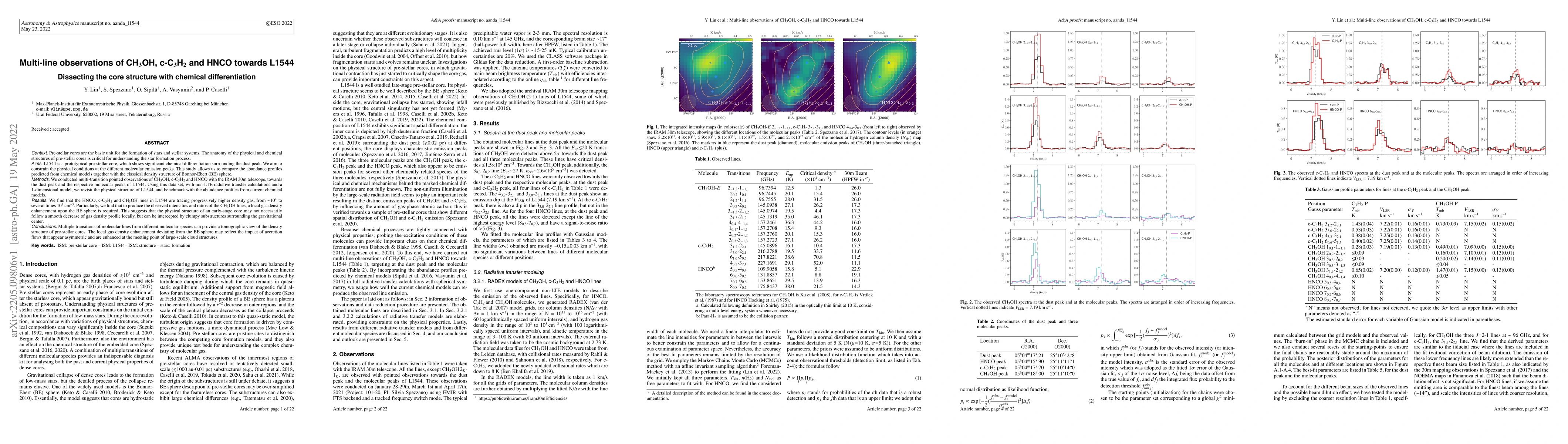 Thumbnail for Multi-line observations of CH$_{3}$OH, c-C$_{3}$H$_{2}$ and HNCO towards
  L1544: Dissecting the core structure with chemical differentiation