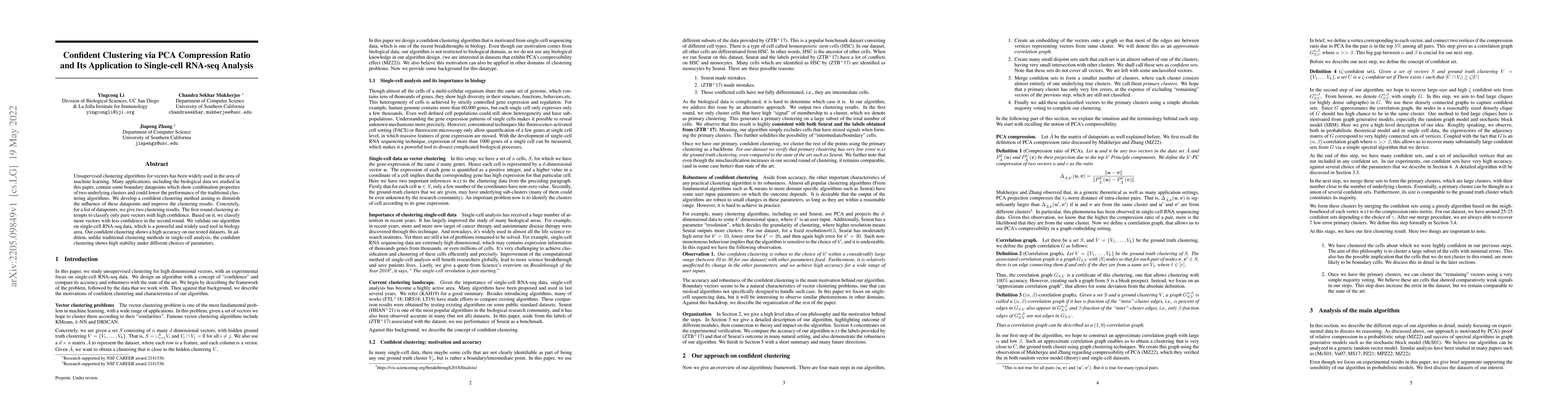 Thumbnail for Confident Clustering via PCA Compression Ratio and Its Application to
  Single-cell RNA-seq Analysis