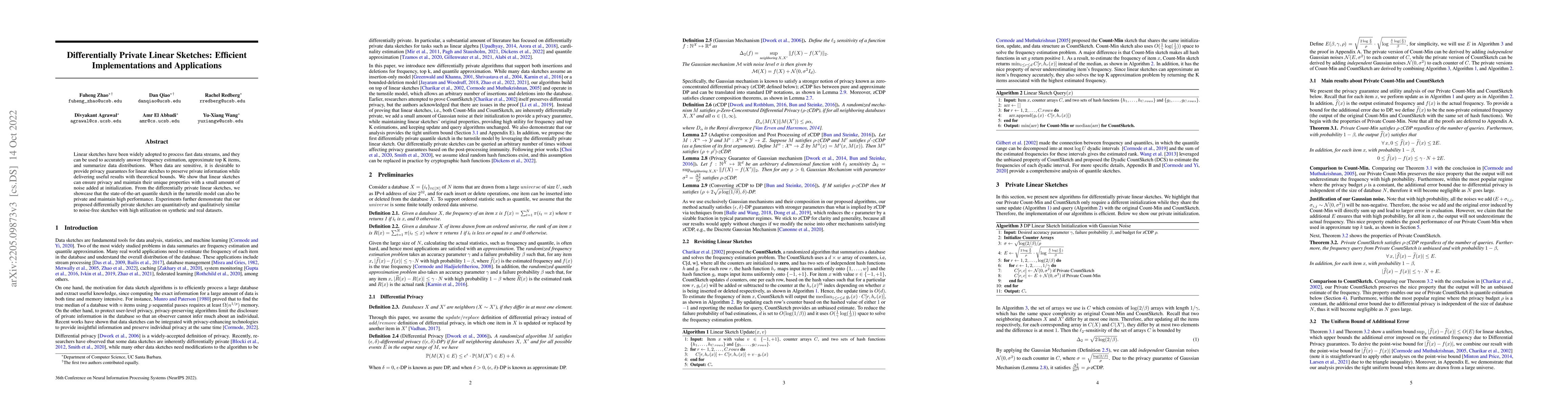 Thumbnail for Differentially Private Linear Sketches: Efficient Implementations and
  Applications