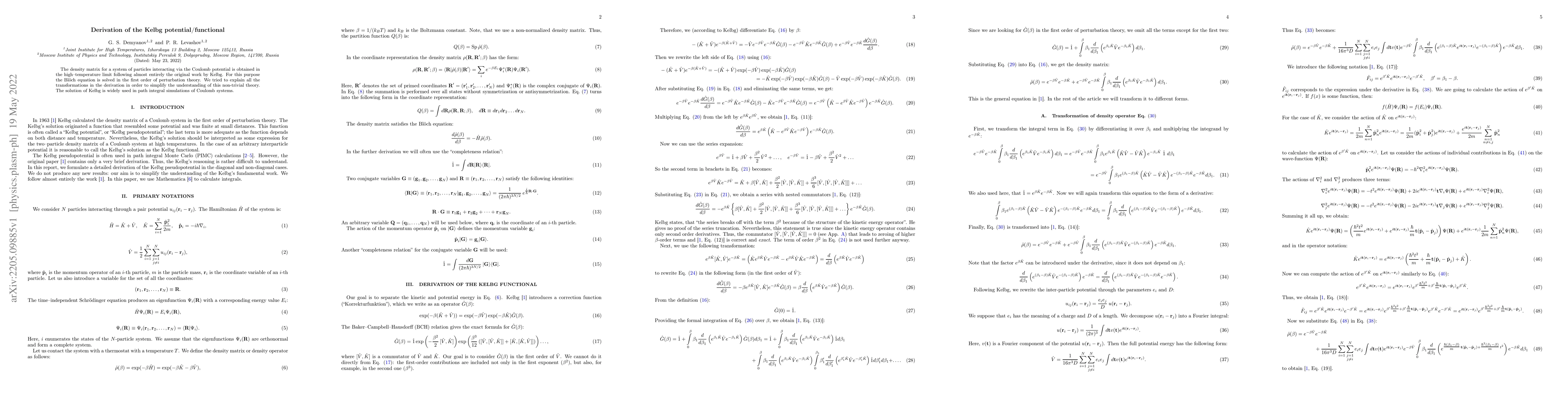 Thumbnail for Derivation of the Kelbg potential/functional