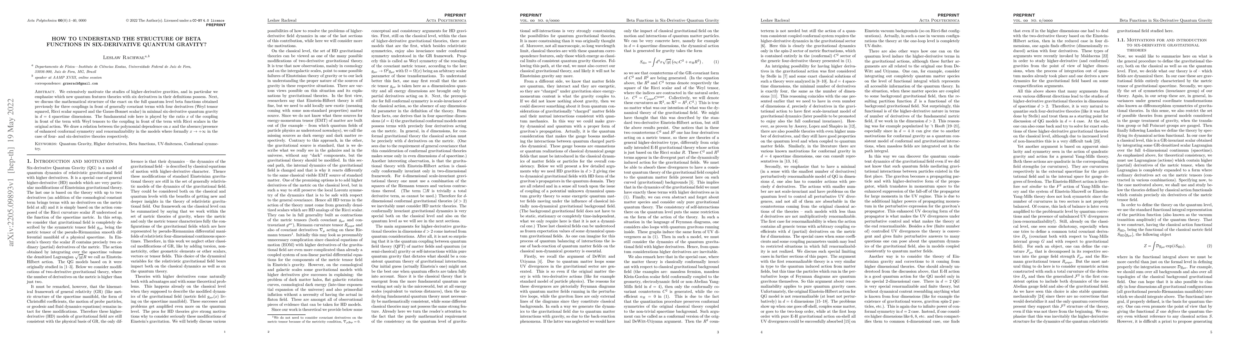Thumbnail for How to understand the Structure of Beta Functions in Six-derivative
  Quantum Gravity?