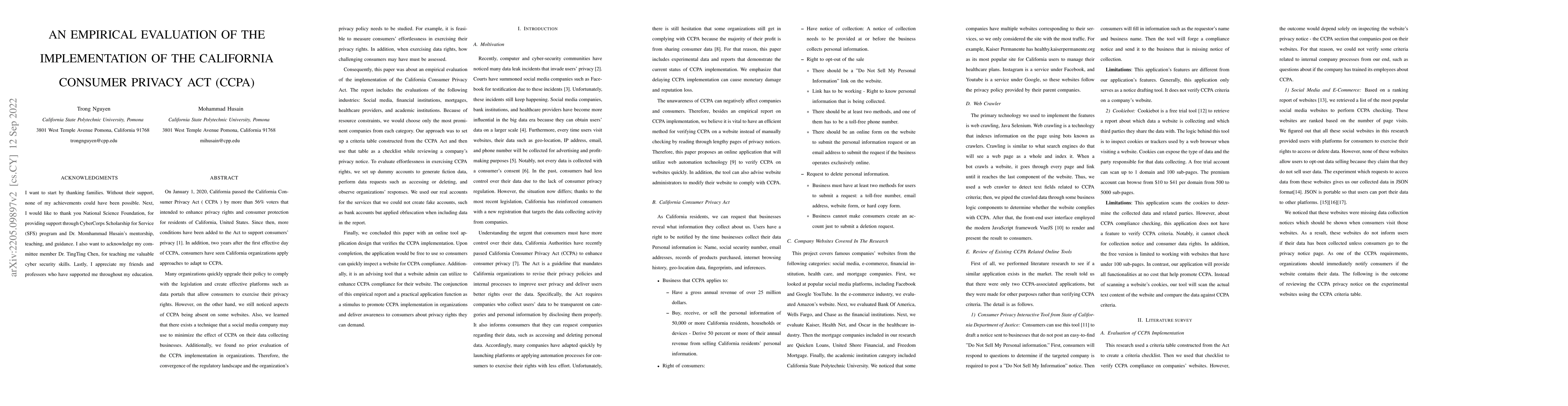 Thumbnail for An Empirical Evaluation of the Implementation of the California Consumer
  Privacy Act (CCPA)
