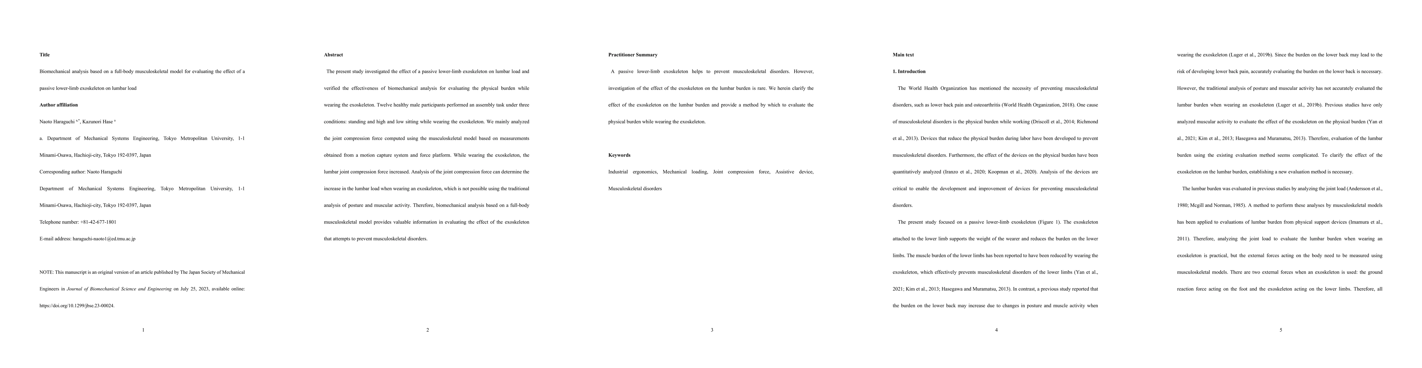 Thumbnail for Biomechanical analysis based on a full-body musculoskeletal model for
  evaluating the effect of a passive lower-limb exoskeleton on lumbar load