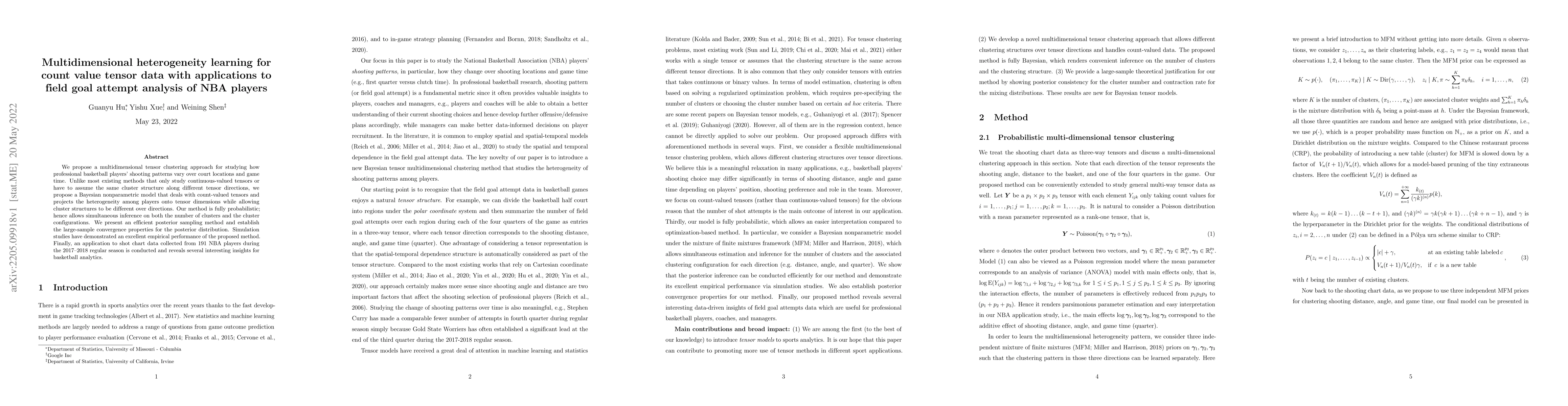 Thumbnail for Multidimensional heterogeneity learning for count value tensor data with
  applications to field goal attempt analysis of NBA players