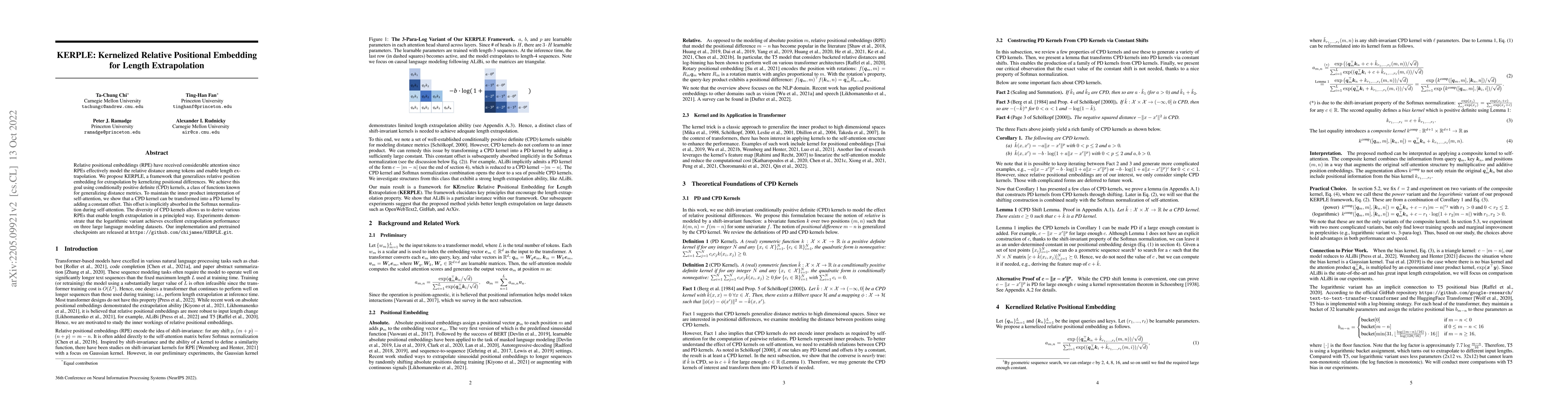 Thumbnail for KERPLE: Kernelized Relative Positional Embedding for Length
  Extrapolation