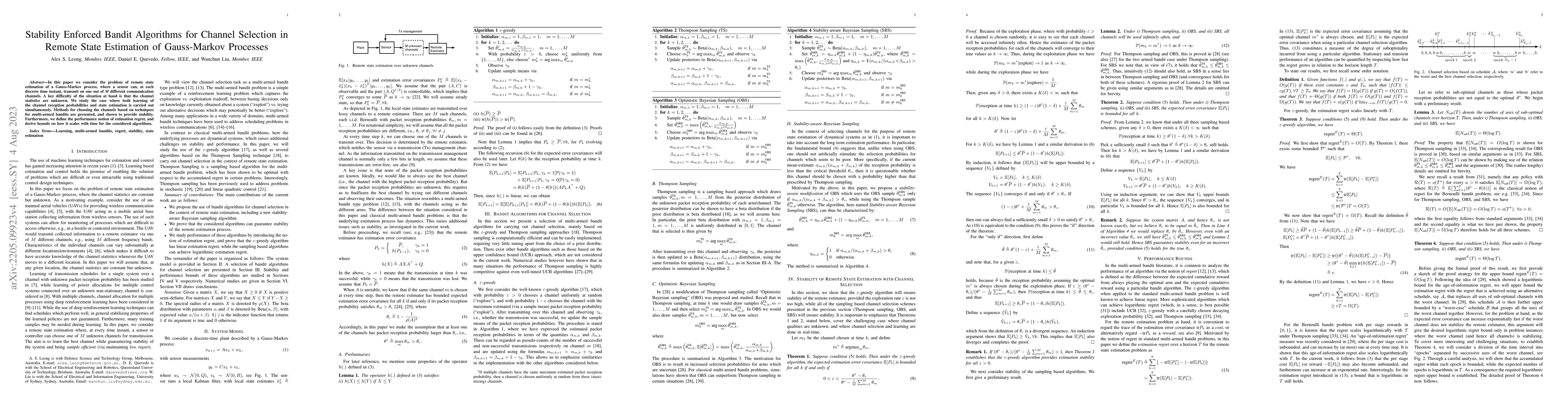 Thumbnail for Stability Enforced Bandit Algorithms for Channel Selection in Remote
  State Estimation of Gauss-Markov Processes