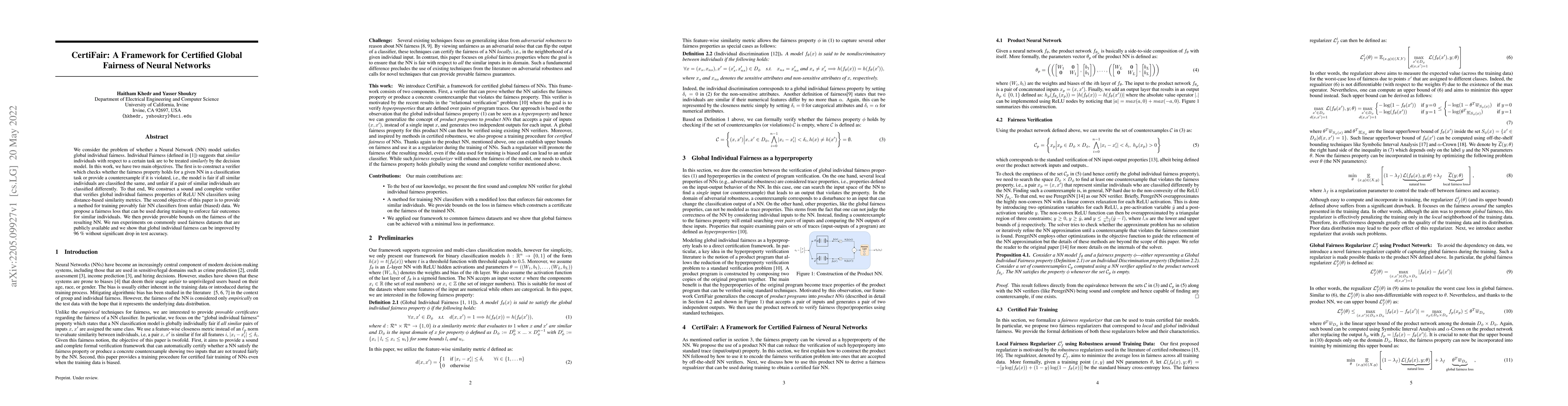 Thumbnail for CertiFair: A Framework for Certified Global Fairness of Neural Networks