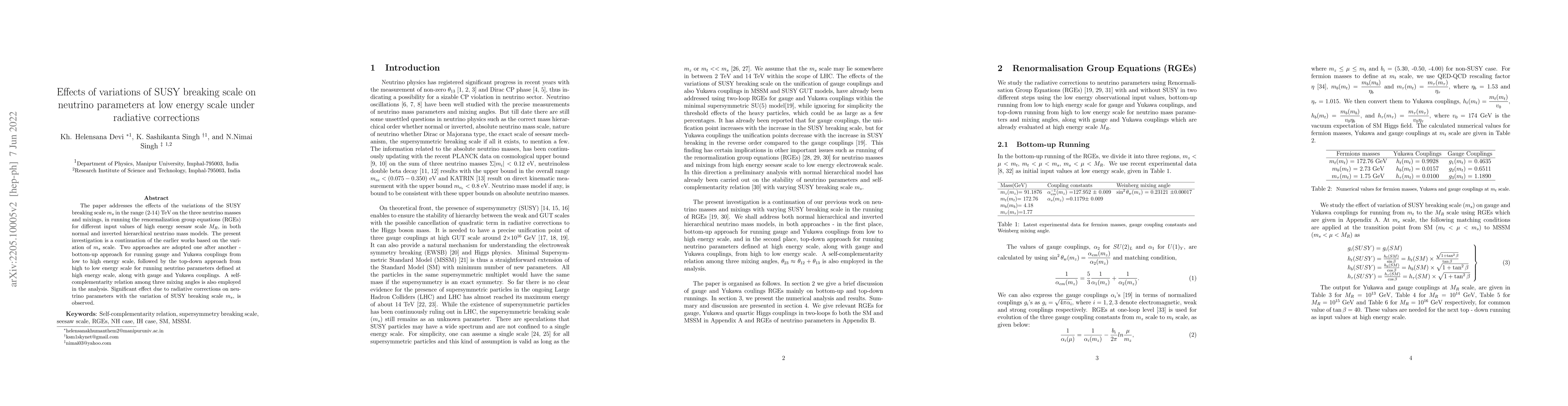 Thumbnail for Effects of variations of SUSY breaking scale on neutrino parameters at
  low energy scale under radiative corrections