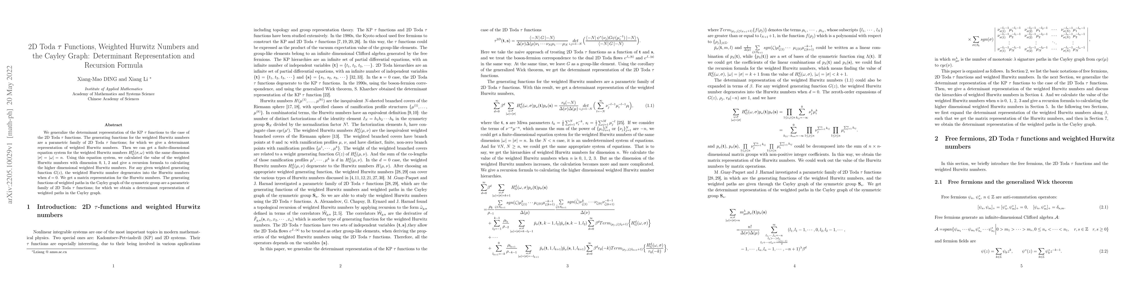 Thumbnail for 2D Toda $\tau$ Functions, Weighted Hurwitz Numbers and the Cayley Graph:
  Determinant Representation and Recursion Formula