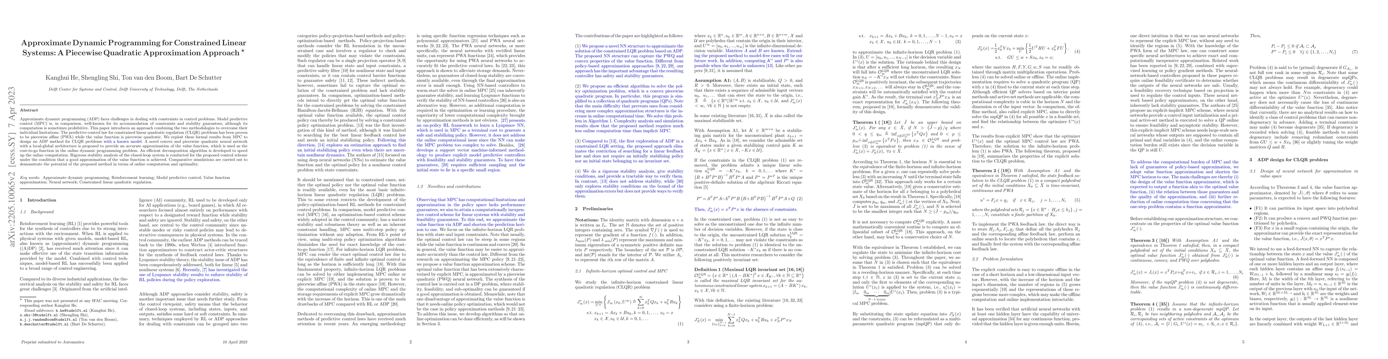Thumbnail for Approximate Dynamic Programming for Constrained Linear Systems: A
  Piecewise Quadratic Approximation Approach