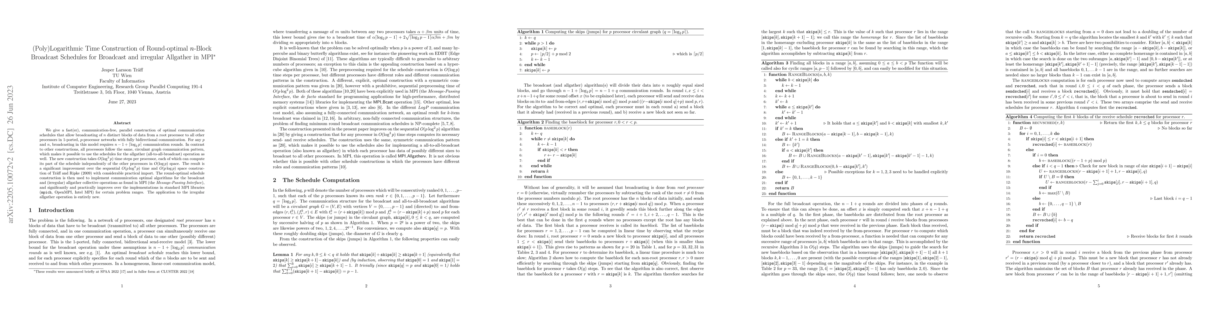 Thumbnail for (Poly)Logarithmic Time Construction of Round-optimal $n$-Block Broadcast
  Schedules for Broadcast and irregular Allgather in MPI