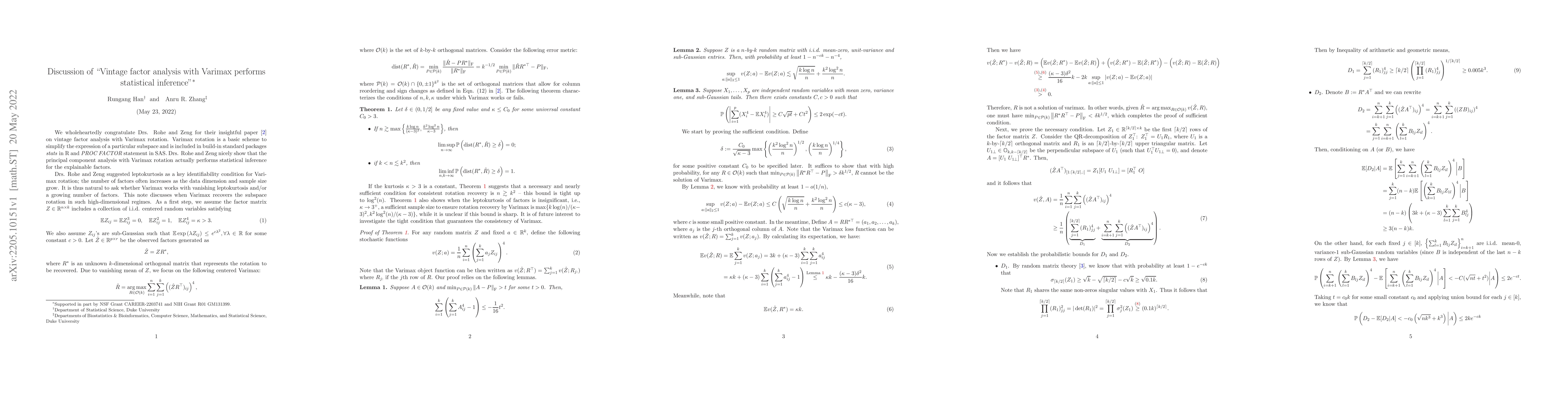 Thumbnail for Discussion of "Vintage factor analysis with Varimax performs statistical
  inference"