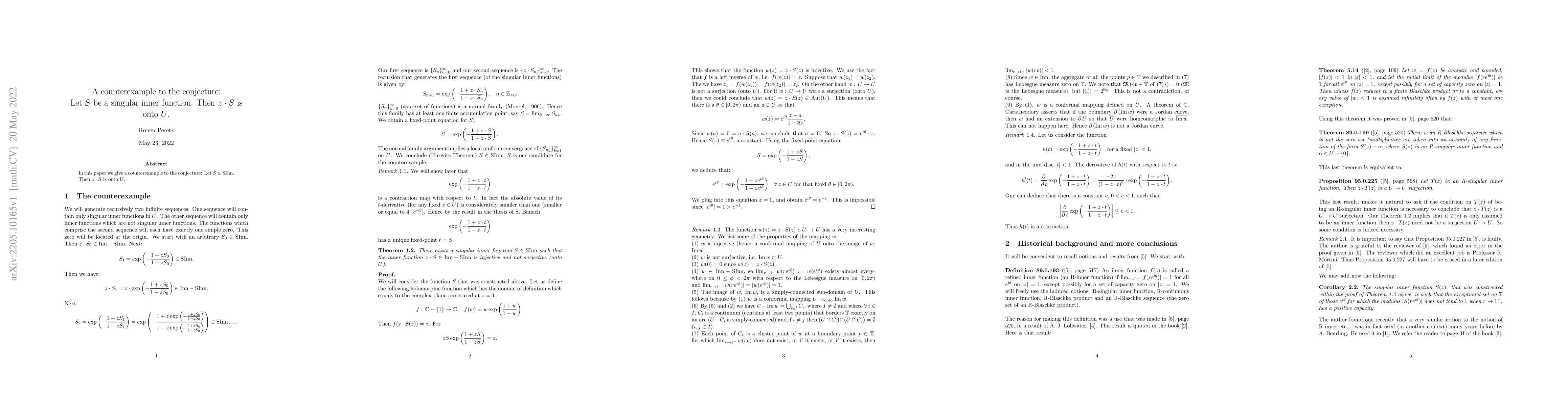 Thumbnail for A counterexample to the conjecture: Let $S$ be a singular inner
  function. Then $z\cdot S$ is onto $U$