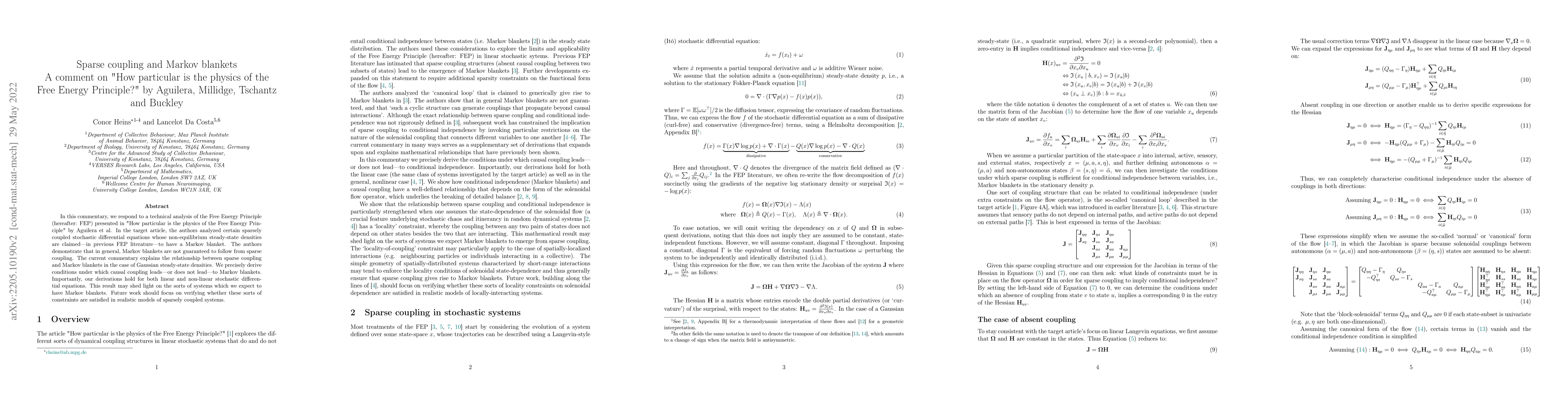 Thumbnail for Sparse coupling and Markov blankets: A comment on "How particular is the
  physics of the Free Energy Principle?" by Aguilera, Millidge, Tschantz and
  Buckley