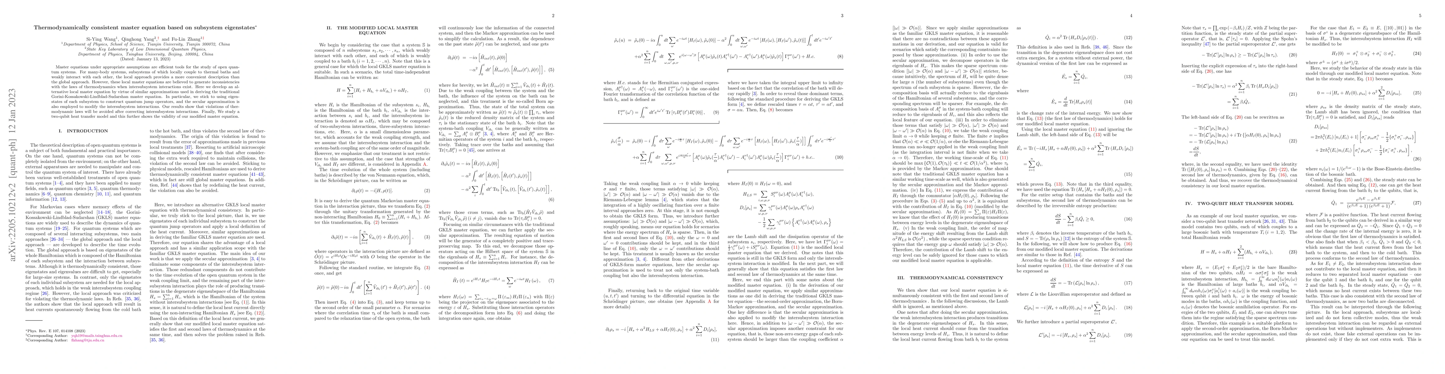 Thumbnail for Thermodynamically consistent master equation based on subsystem
  eigenstates