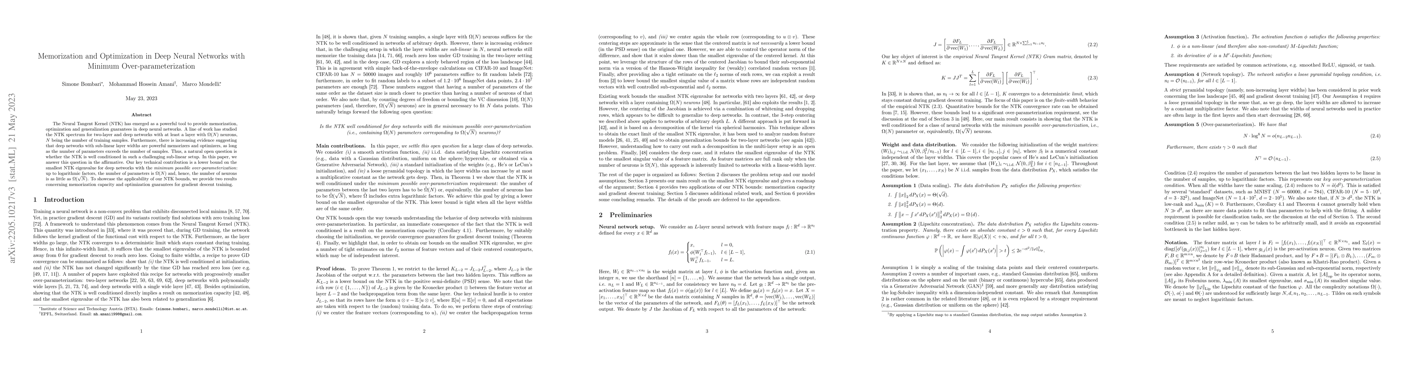 Thumbnail for Memorization and Optimization in Deep Neural Networks with Minimum
  Over-parameterization