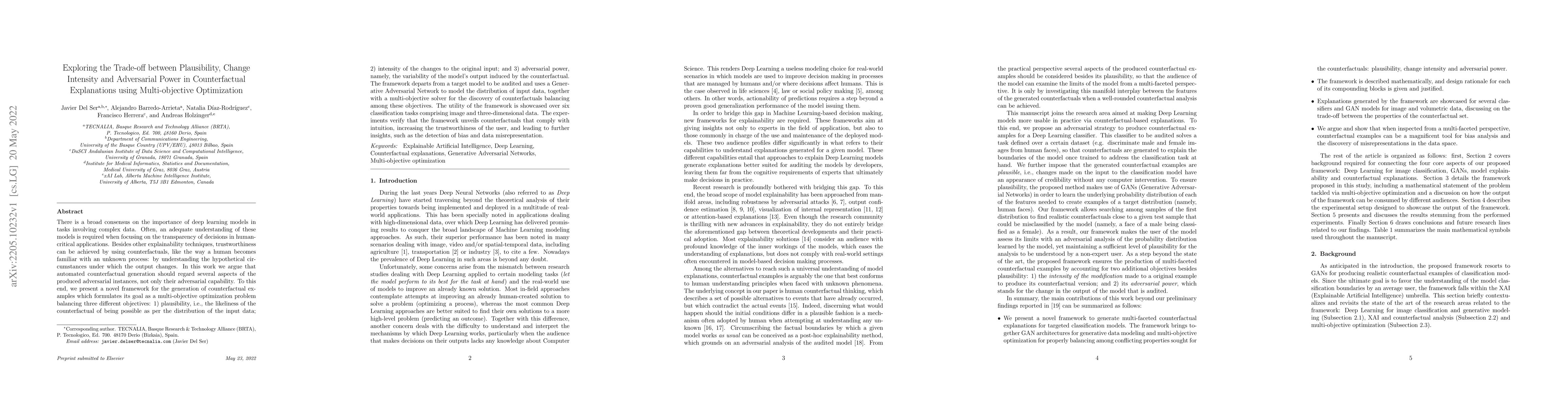 Thumbnail for Exploring the Trade-off between Plausibility, Change Intensity and
  Adversarial Power in Counterfactual Explanations using Multi-objective
  Optimization