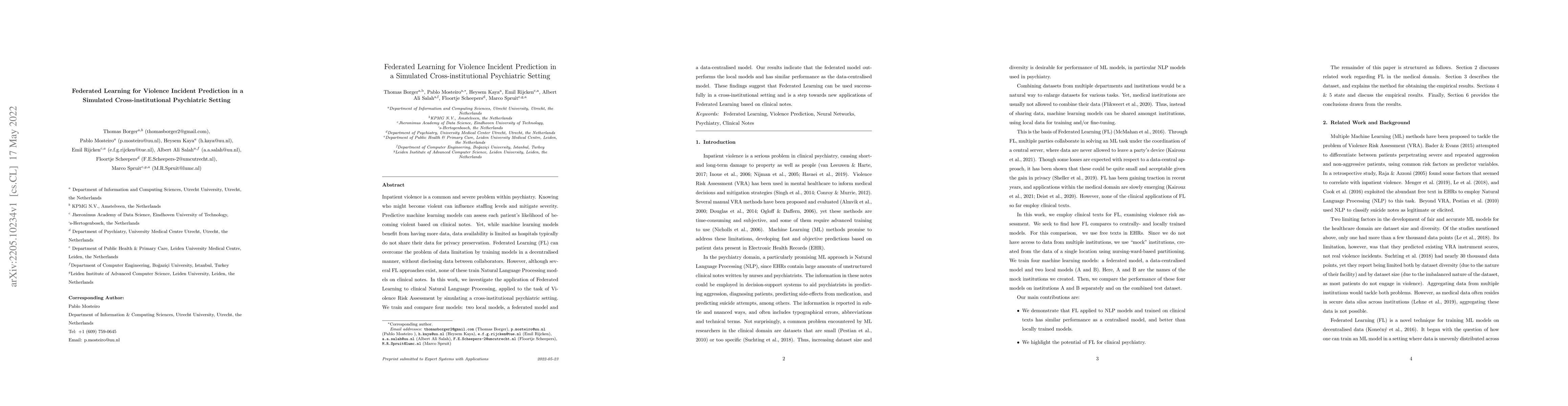 Thumbnail for Federated learning for violence incident prediction in a simulated
  cross-institutional psychiatric setting